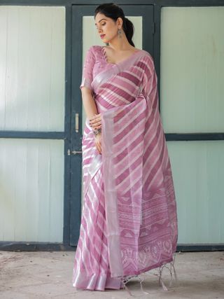 Blush Pink Linen Cotton Saree with Diagonal Stripe Patterns