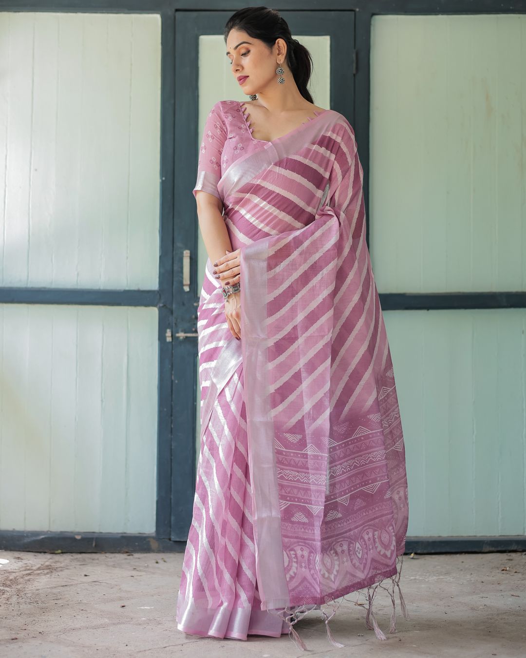 Blush Pink Linen Cotton Saree with Diagonal Stripe Patterns