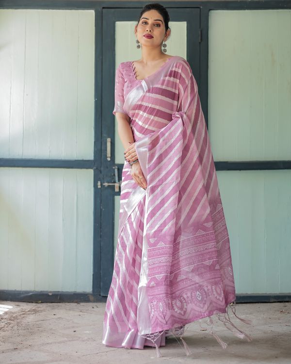 Blush Pink Linen Cotton Saree with Diagonal Stripe Patterns