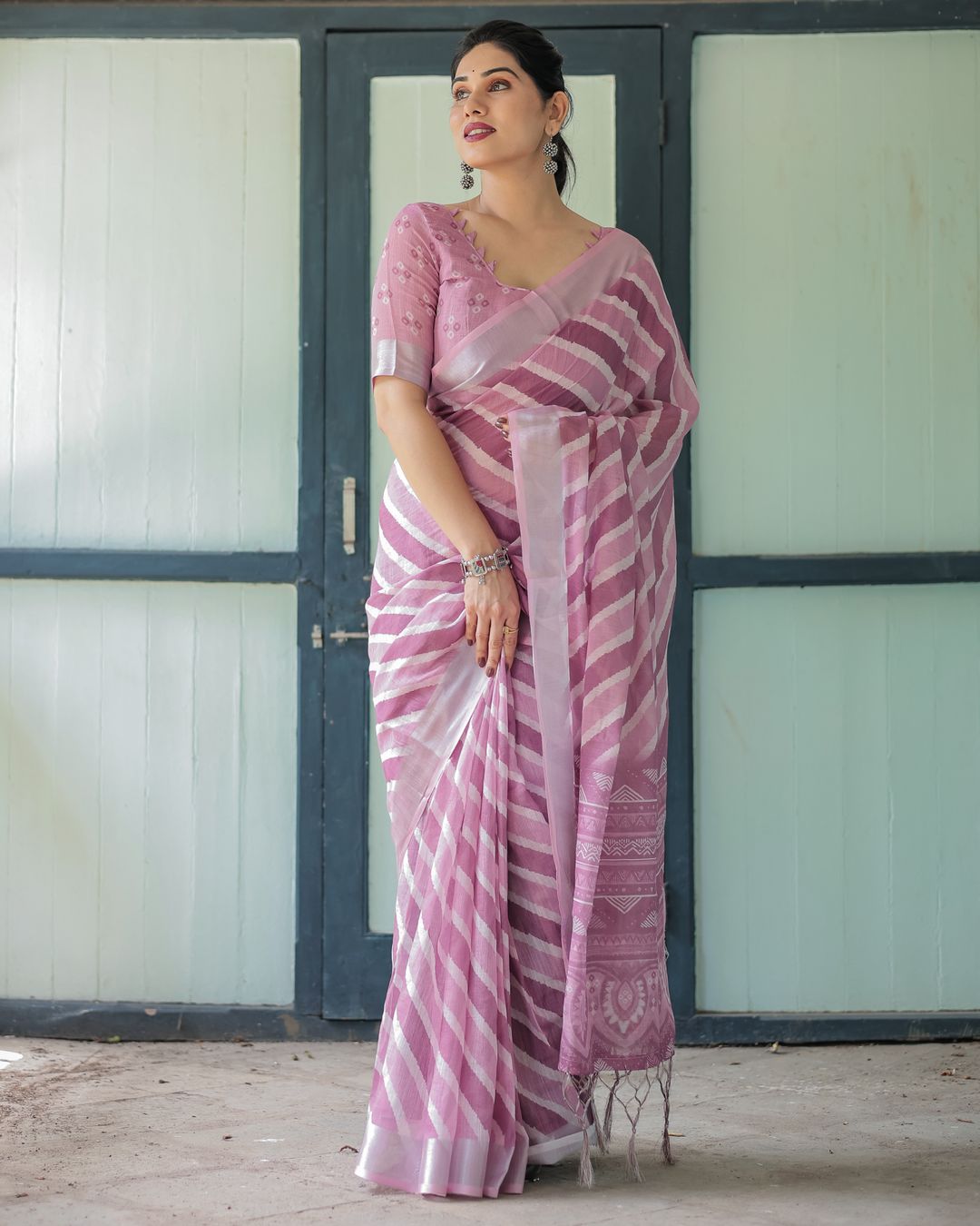 Blush Pink Linen Cotton Saree with Diagonal Stripe Patterns