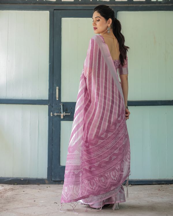 Blush Pink Linen Cotton Saree with Diagonal Stripe Patterns