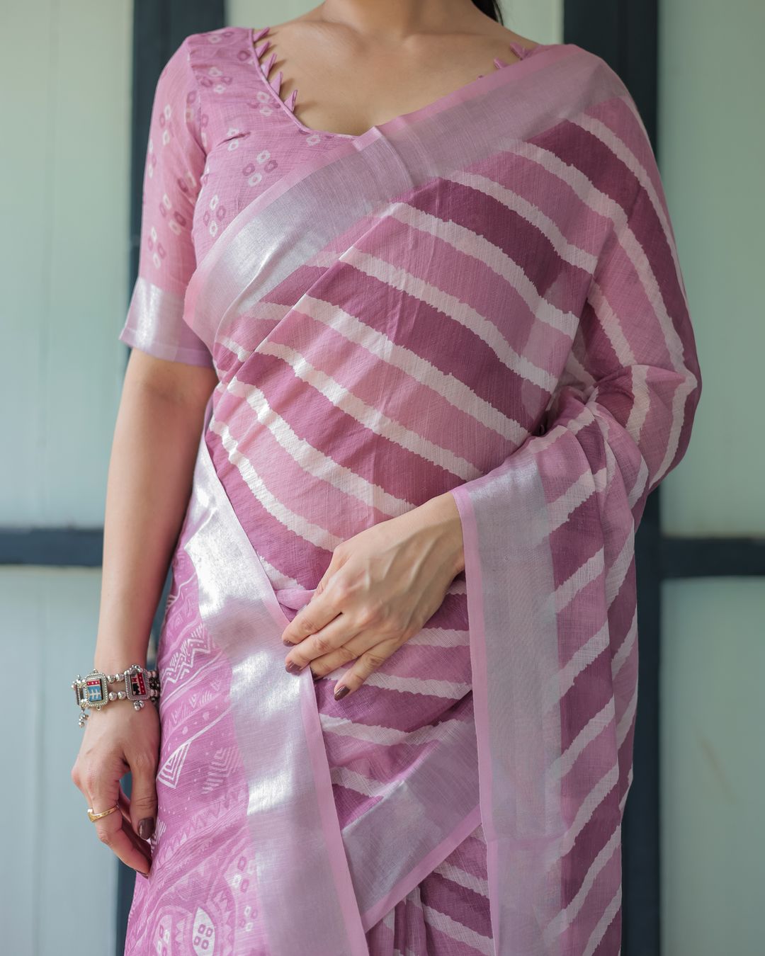 Blush Pink Linen Cotton Saree with Diagonal Stripe Patterns