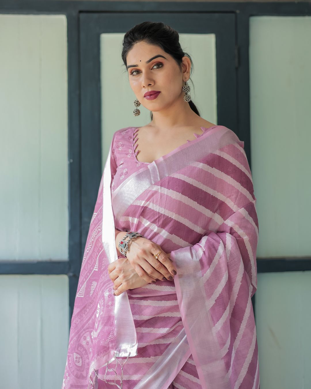 Blush Pink Linen Cotton Saree with Diagonal Stripe Patterns