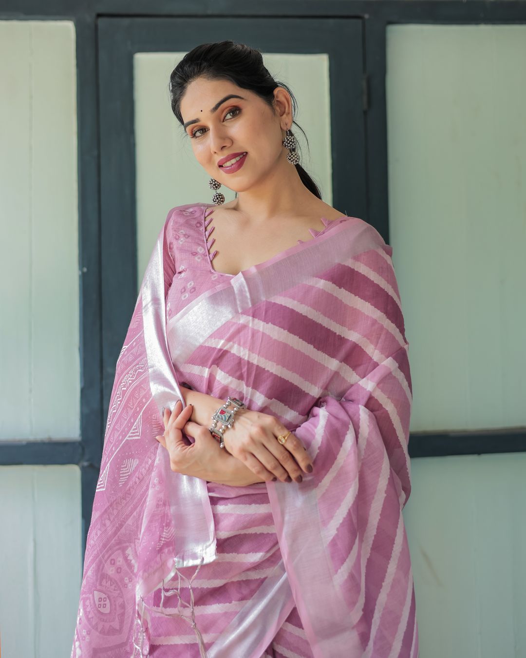 Blush Pink Linen Cotton Saree with Diagonal Stripe Patterns