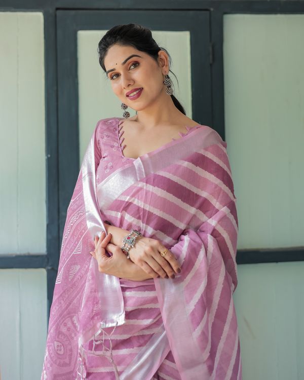 Blush Pink Linen Cotton Saree with Diagonal Stripe Patterns