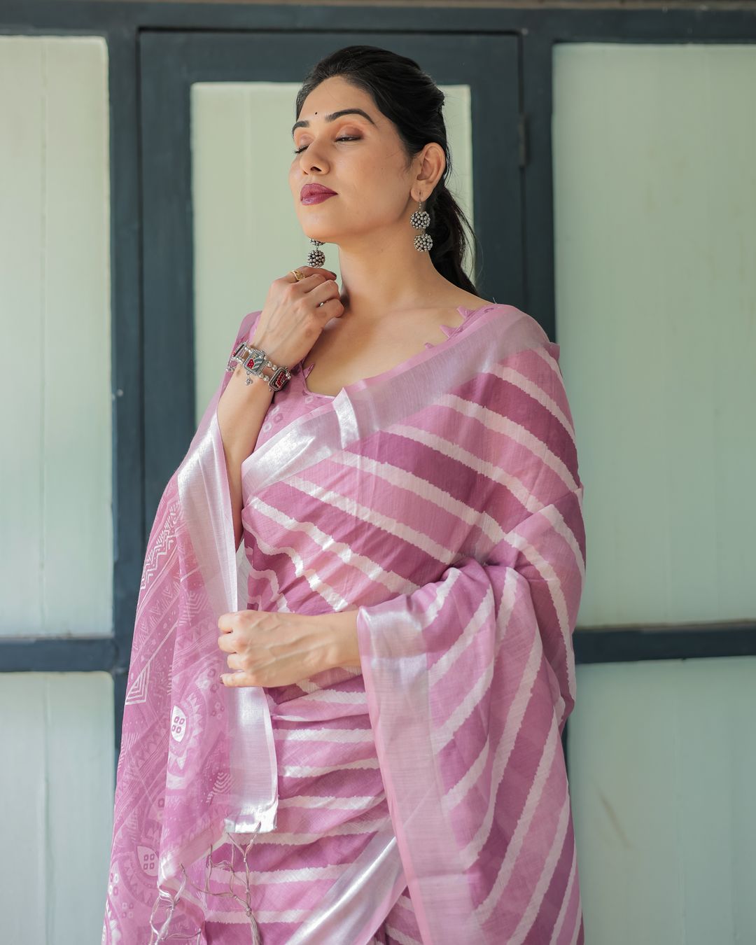 Blush Pink Linen Cotton Saree with Diagonal Stripe Patterns