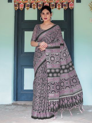 Black Pink Linen Cotton Saree with Floral Motifs and Tassel