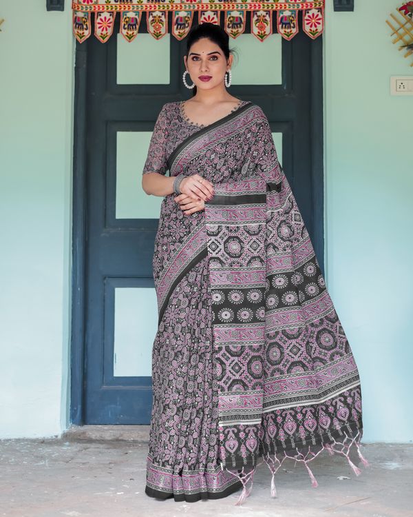 Black Pink Linen Cotton Saree with Floral Motifs and Tassel