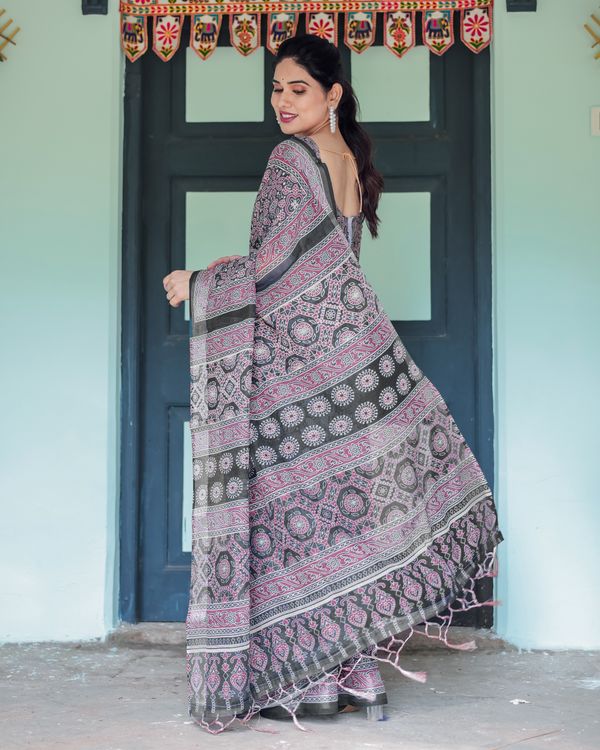 Black Pink Linen Cotton Saree with Floral Motifs and Tassel