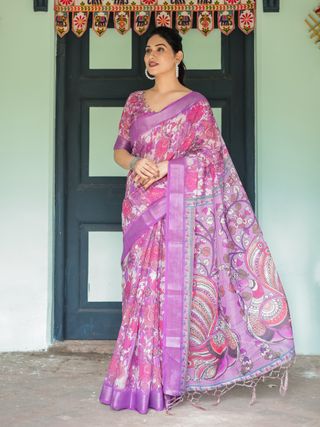 Purple Floral Linen Cotton Saree with Artistic Pallu Design
