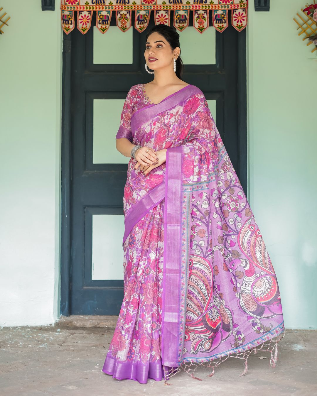 Purple Floral Linen Cotton Saree with Artistic Pallu Design