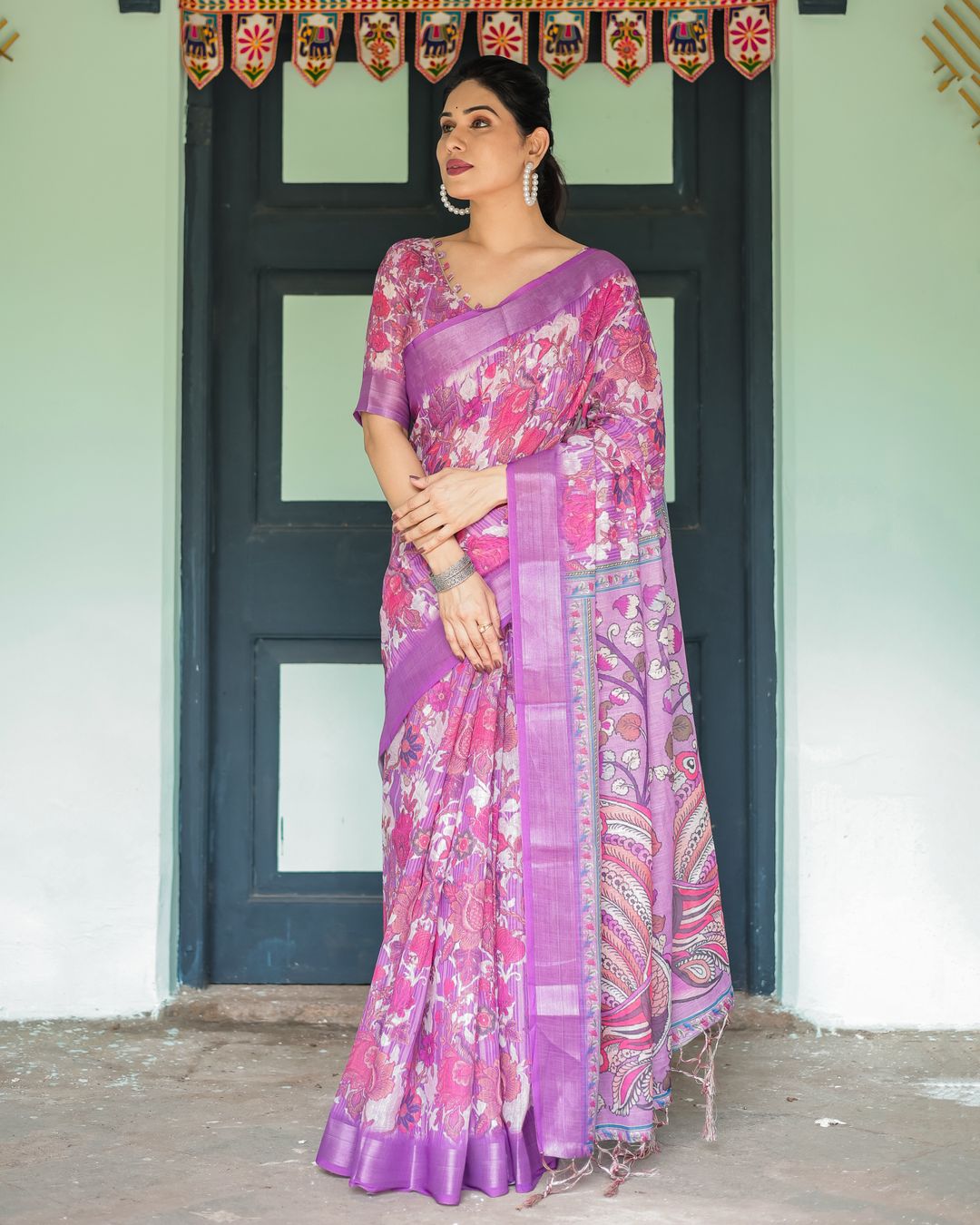Purple Floral Linen Cotton Saree with Artistic Pallu Design