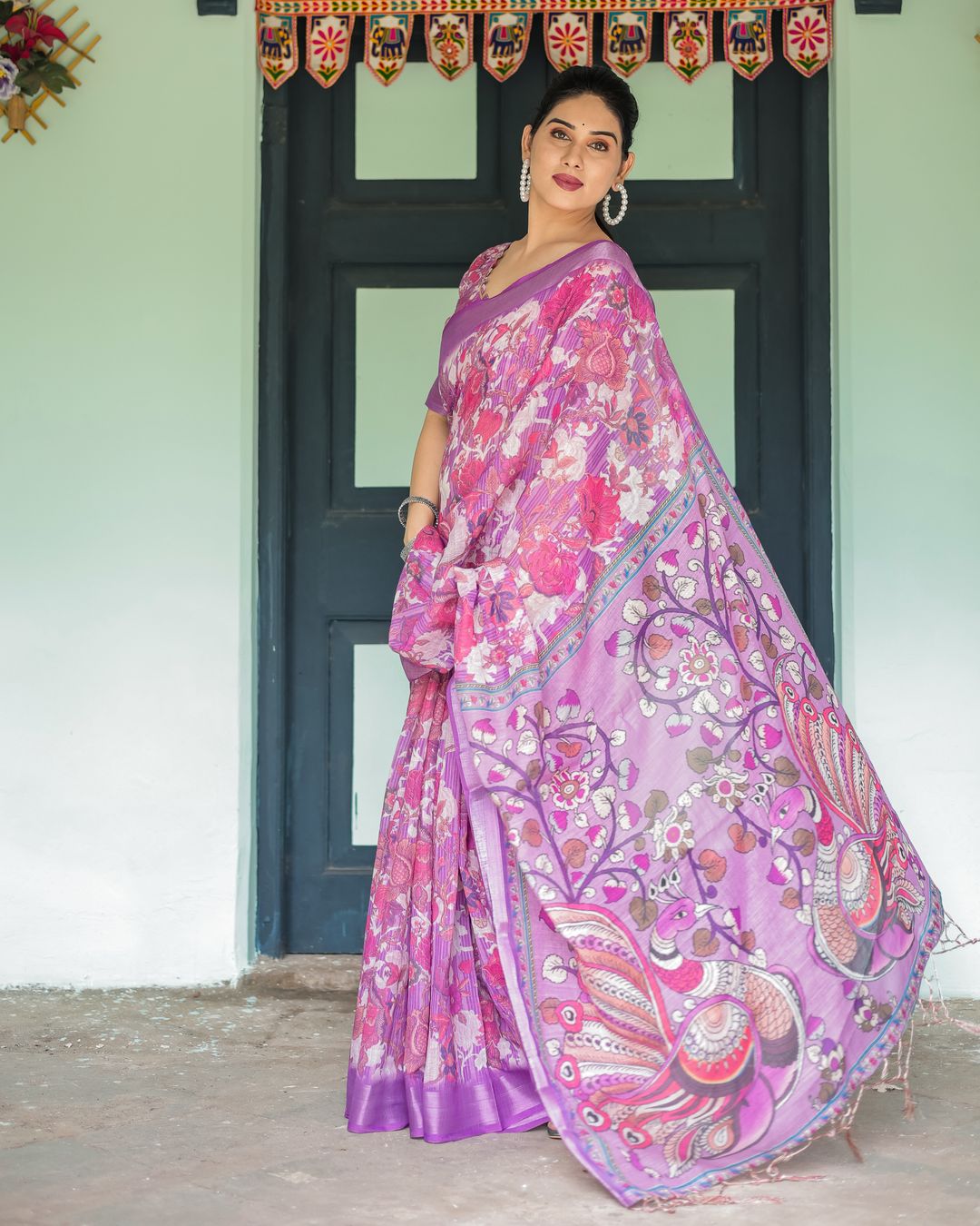 Purple Floral Linen Cotton Saree with Artistic Pallu Design