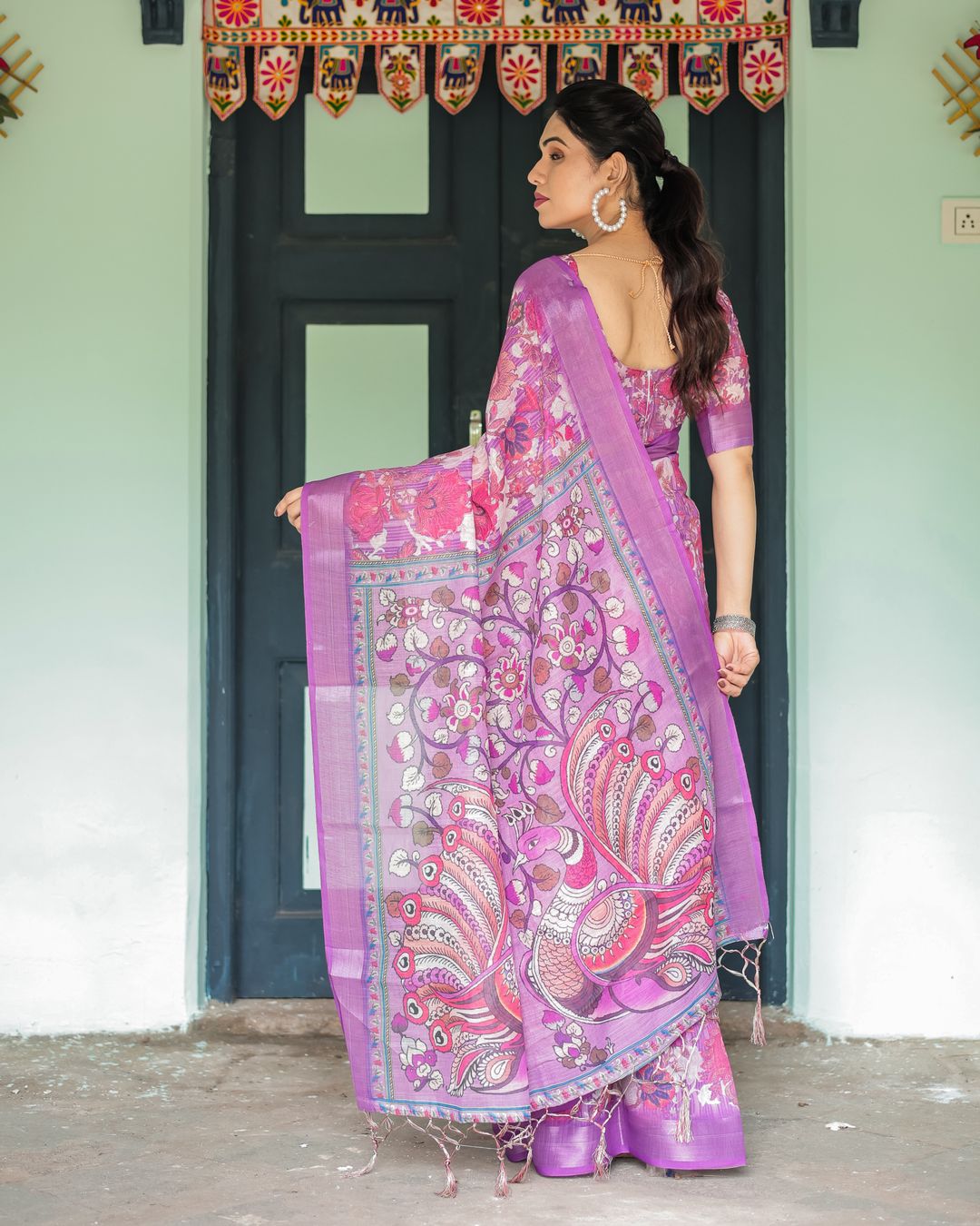 Purple Floral Linen Cotton Saree with Artistic Pallu Design