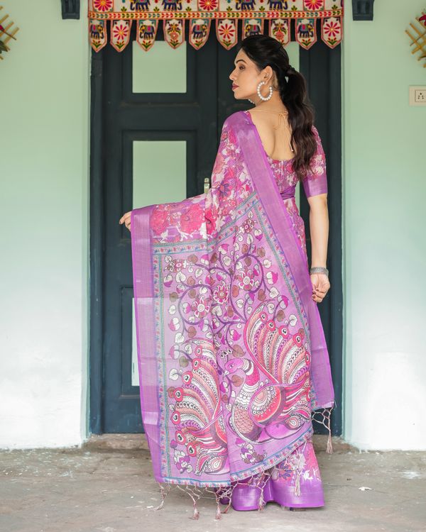 Purple Floral Linen Cotton Saree with Artistic Pallu Design