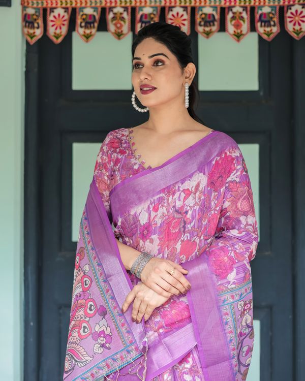 Purple Floral Linen Cotton Saree with Artistic Pallu Design