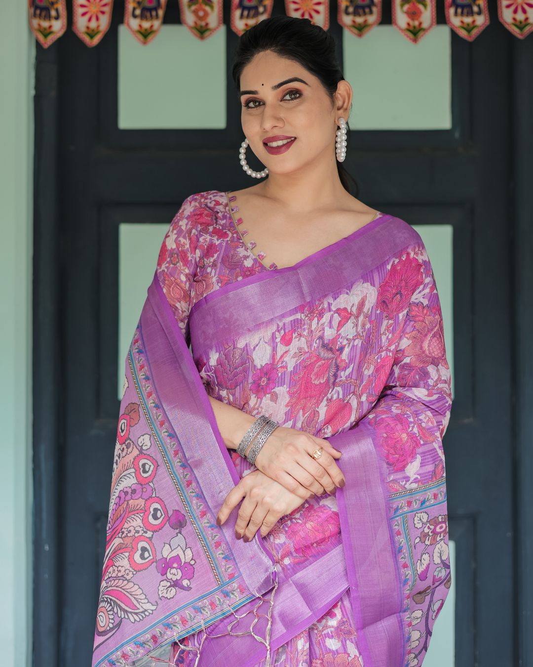 Purple Floral Linen Cotton Saree with Artistic Pallu Design