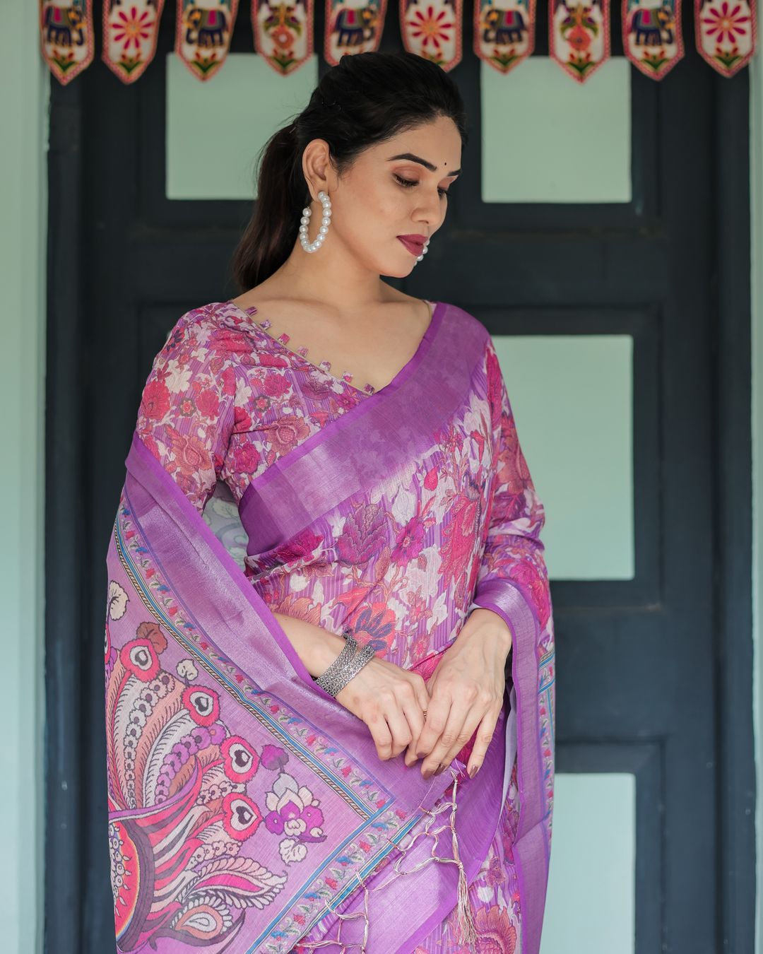 Purple Floral Linen Cotton Saree with Artistic Pallu Design