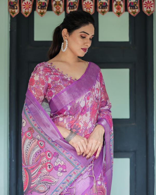 Purple Floral Linen Cotton Saree with Artistic Pallu Design
