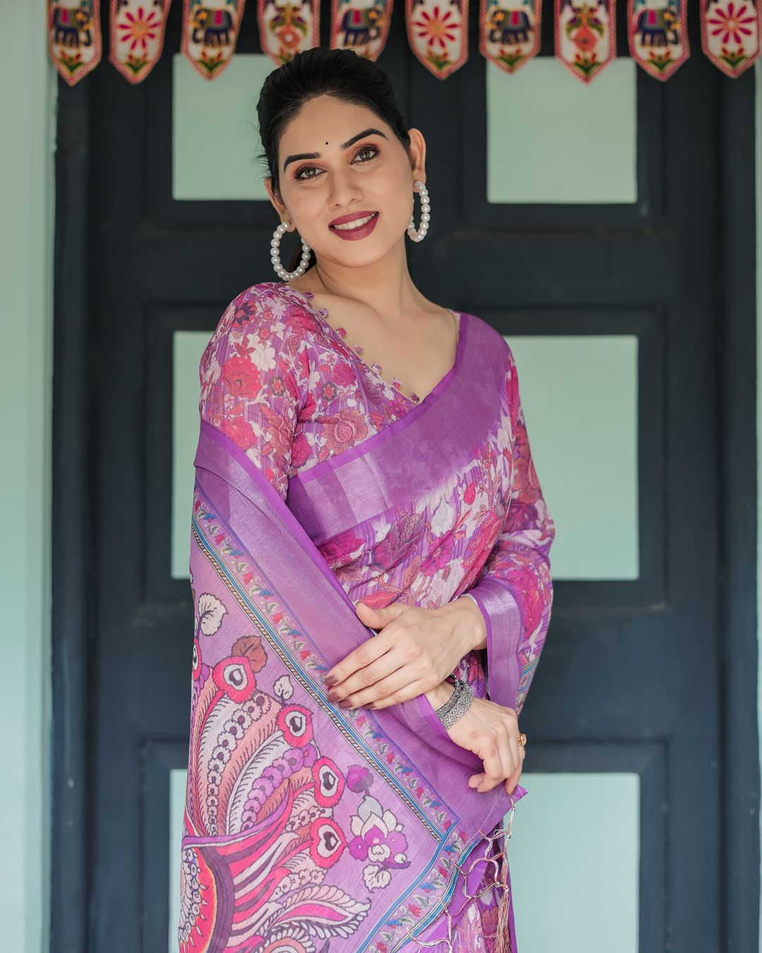Purple Floral Linen Cotton Saree with Artistic Pallu Design