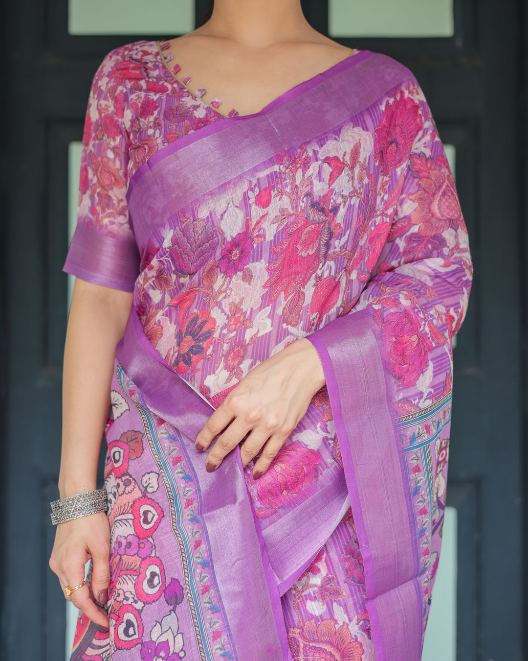 Purple Floral Linen Cotton Saree with Artistic Pallu Design
