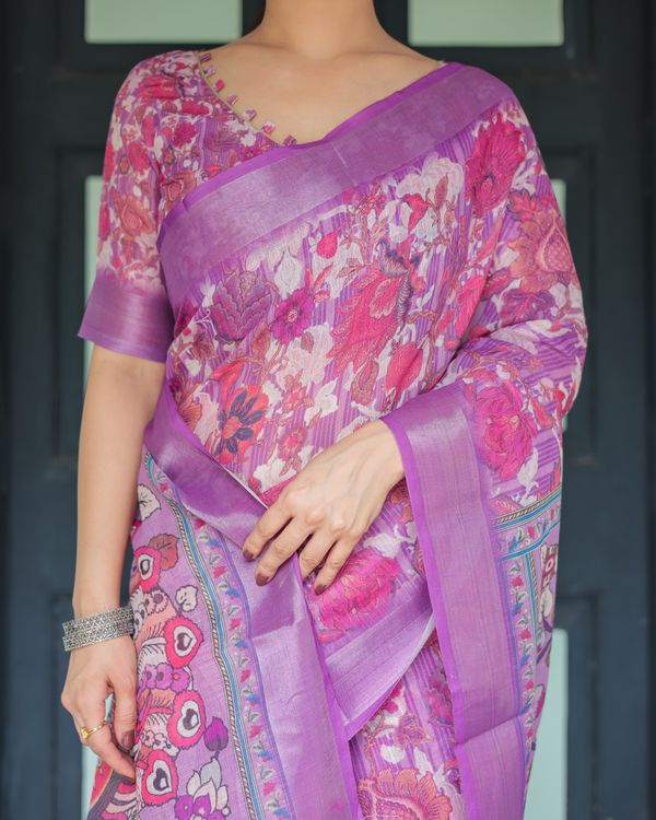 Purple Floral Linen Cotton Saree with Artistic Pallu Design