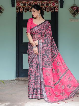 Hot Pink Black Floral Linen Cotton Saree with Tassel Edges
