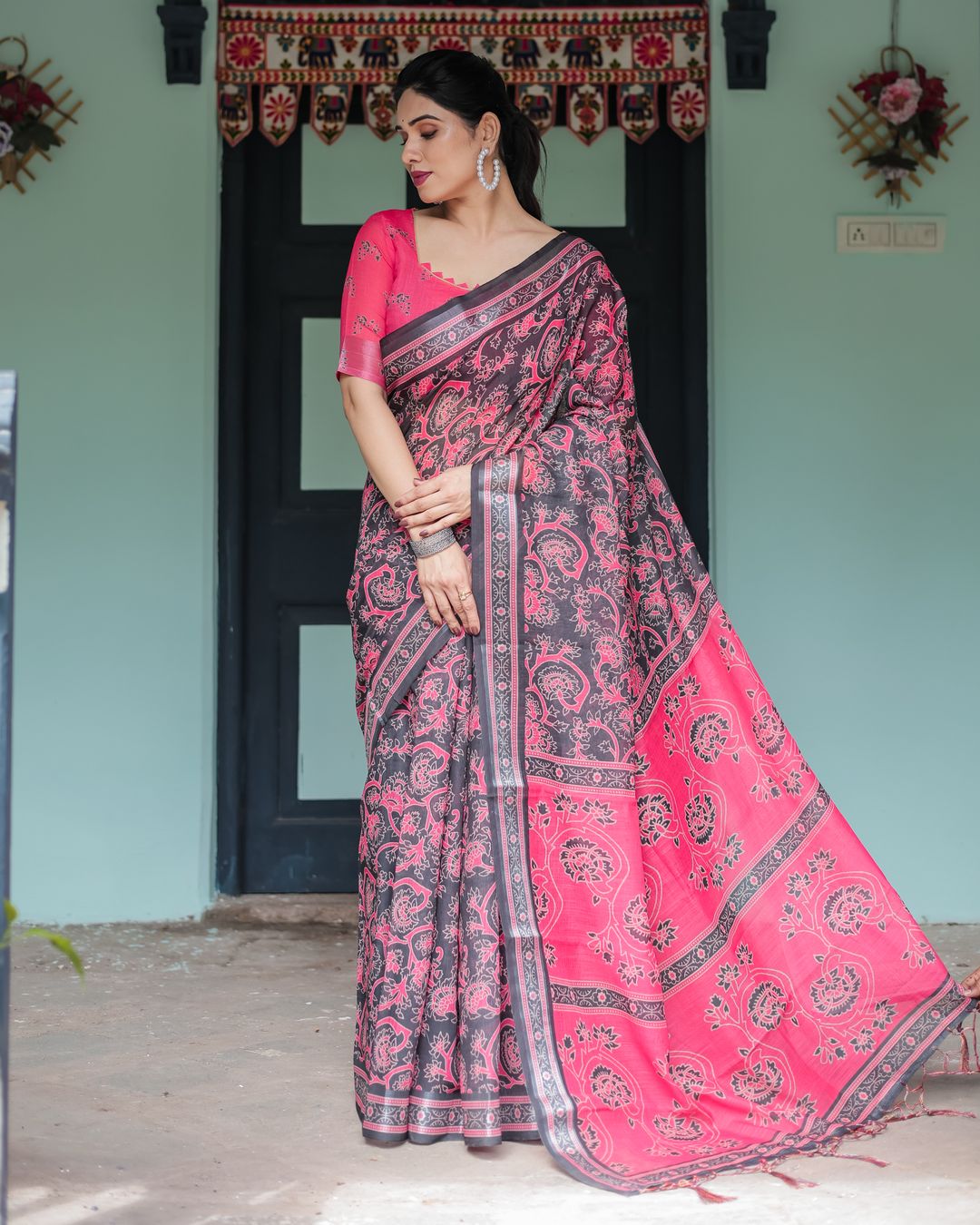 Hot Pink Black Floral Linen Cotton Saree with Tassel Edges