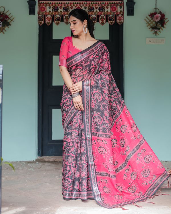 Hot Pink Black Floral Linen Cotton Saree with Tassel Edges