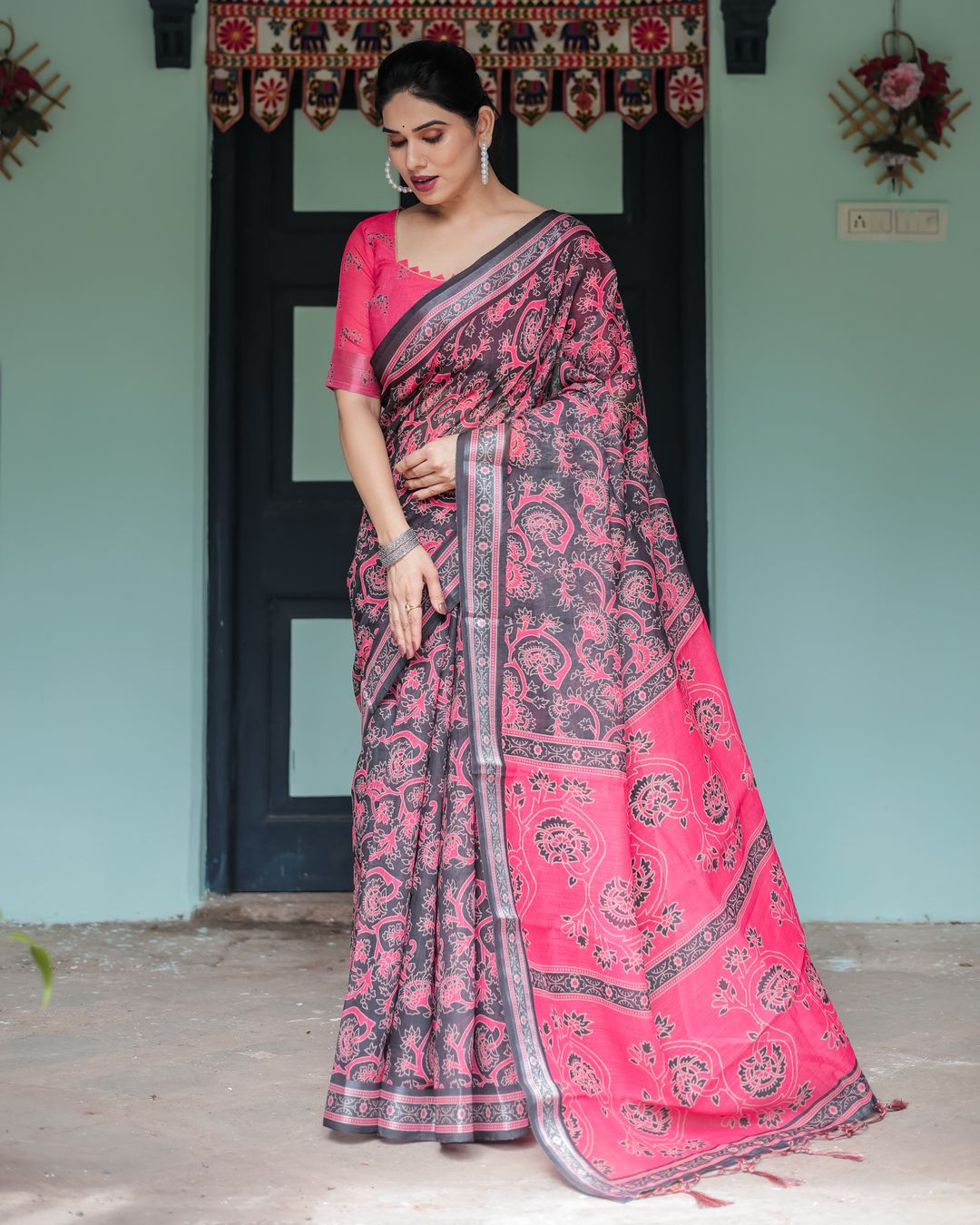Hot Pink Black Floral Linen Cotton Saree with Tassel Edges