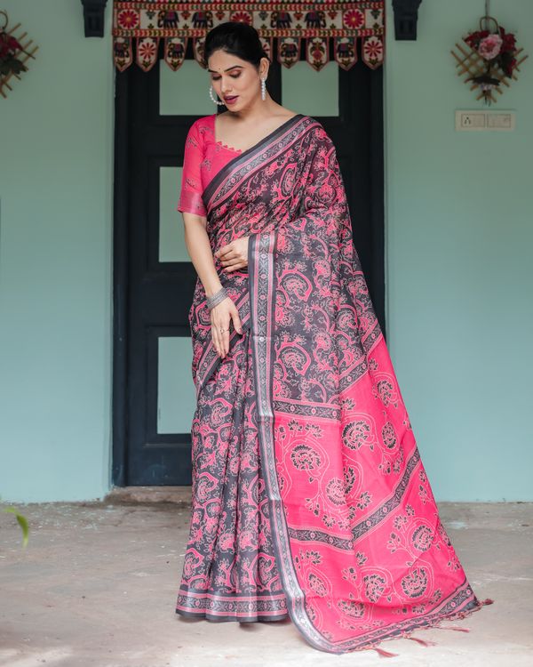 Hot Pink Black Floral Linen Cotton Saree with Tassel Edges