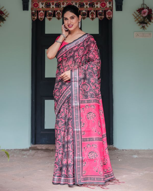 Hot Pink Black Floral Linen Cotton Saree with Tassel Edges
