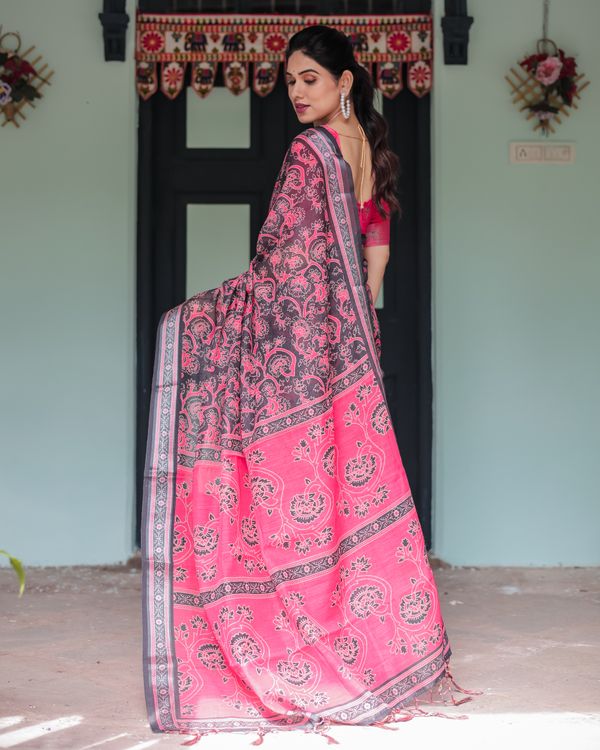 Hot Pink Black Floral Linen Cotton Saree with Tassel Edges