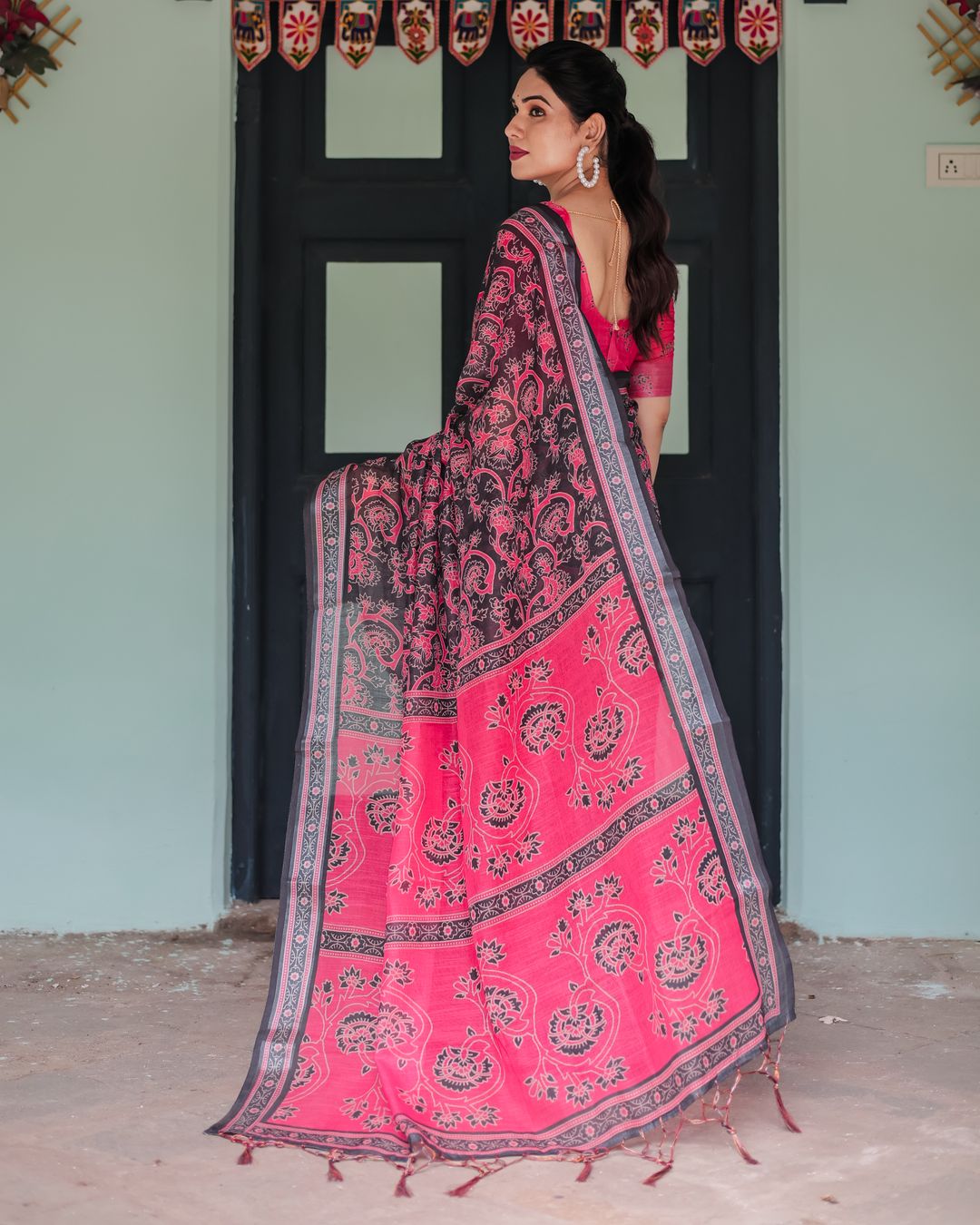 Hot Pink Black Floral Linen Cotton Saree with Tassel Edges