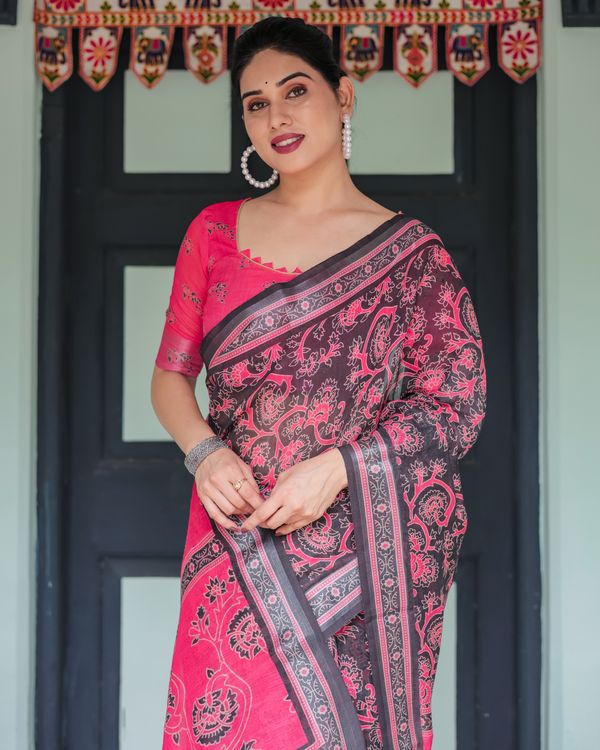 Hot Pink Black Floral Linen Cotton Saree with Tassel Edges