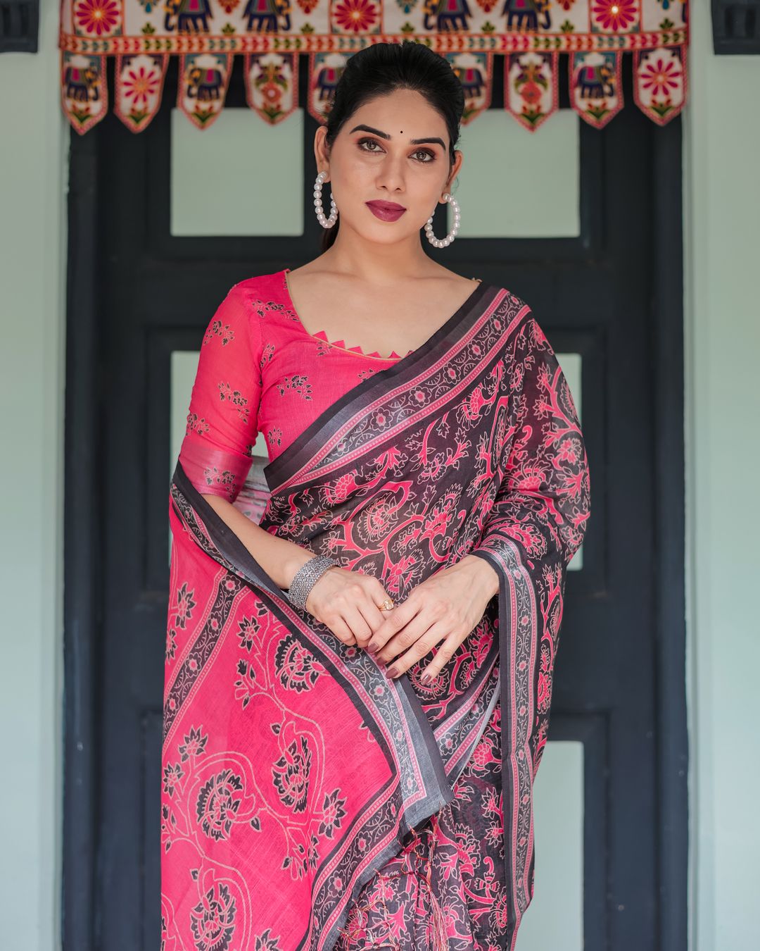 Hot Pink Black Floral Linen Cotton Saree with Tassel Edges