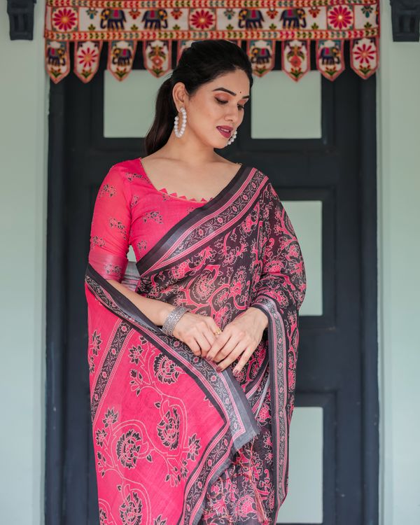 Hot Pink Black Floral Linen Cotton Saree with Tassel Edges
