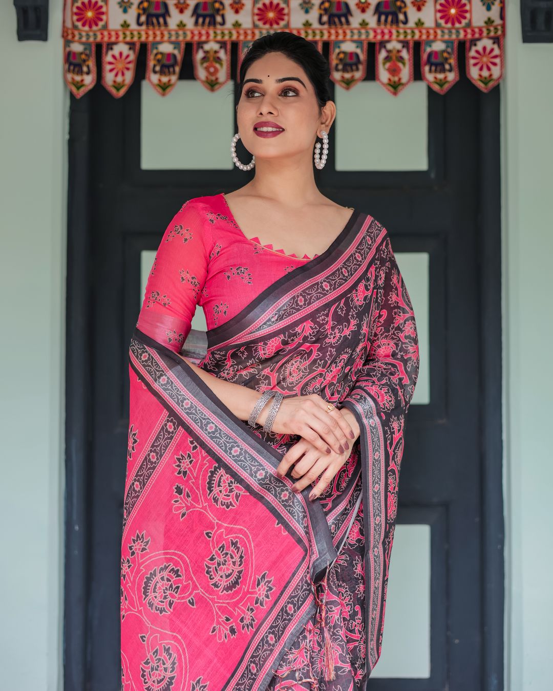Hot Pink Black Floral Linen Cotton Saree with Tassel Edges