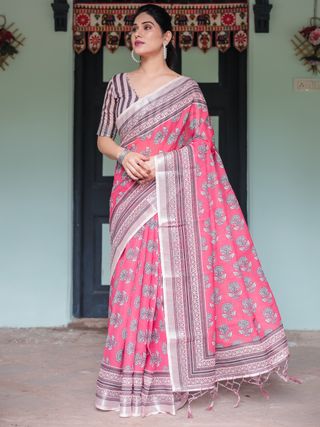 Pink Floral Linen Cotton Saree with Paisley Border Print