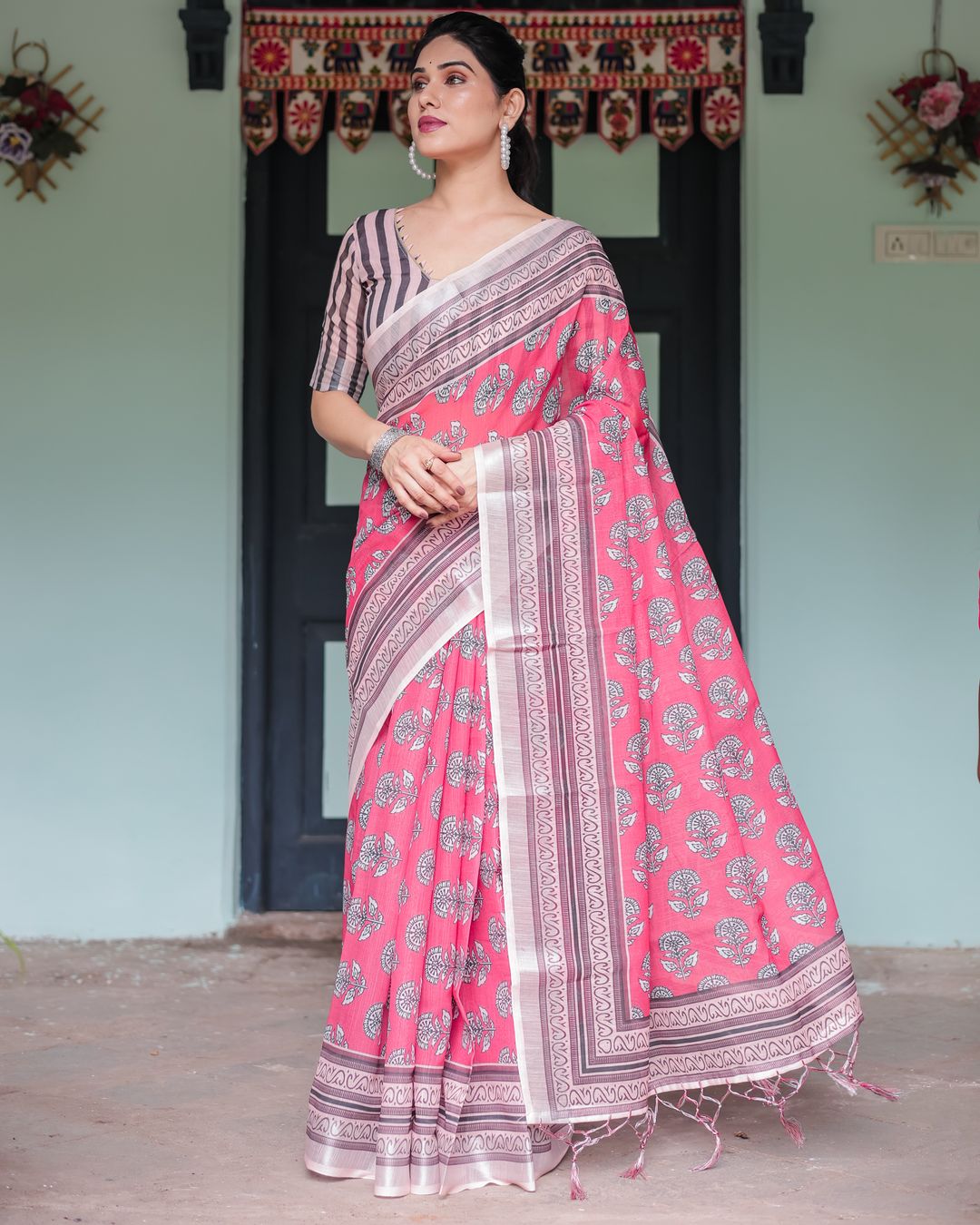 Pink Floral Linen Cotton Saree with Paisley Border Print