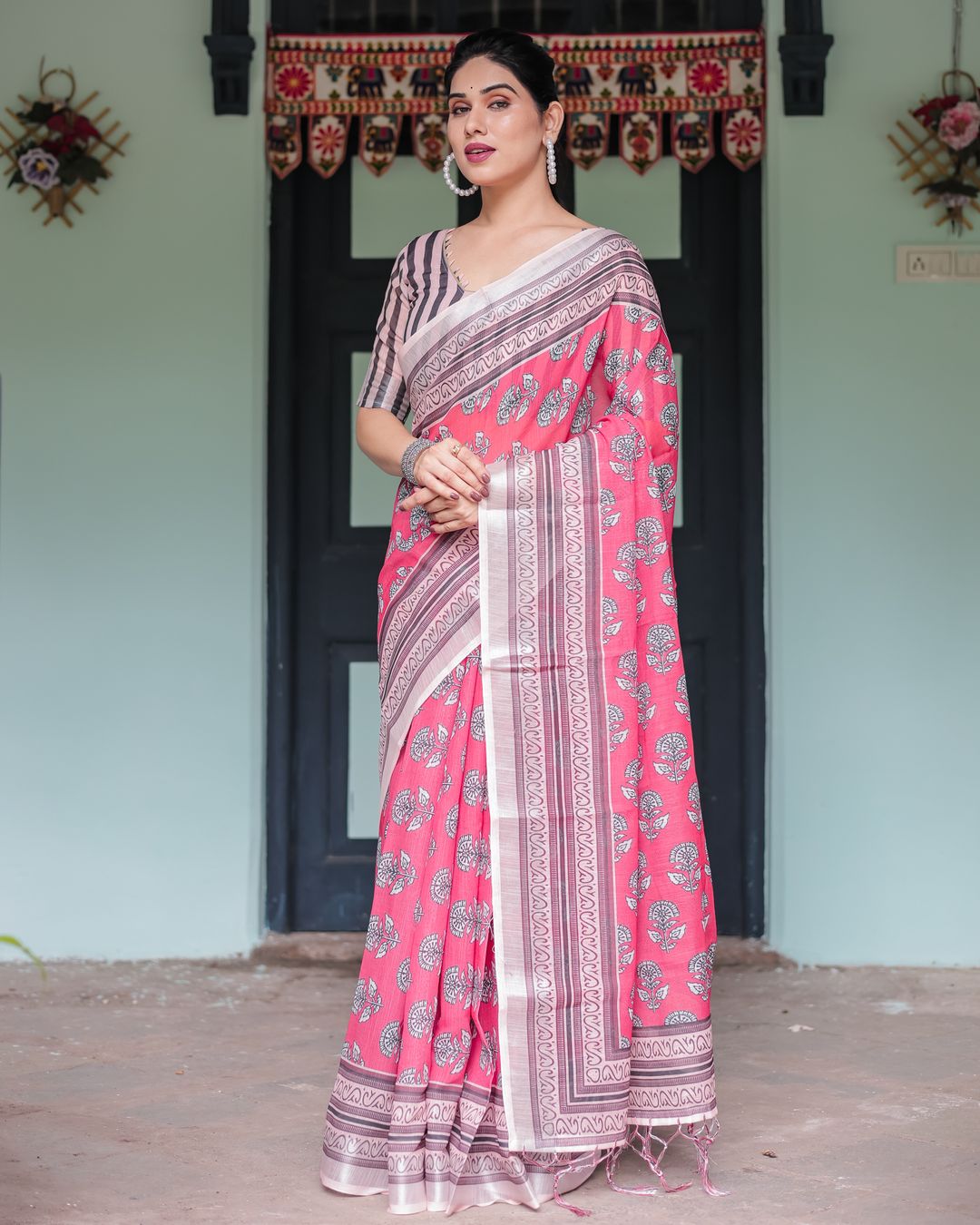 Pink Floral Linen Cotton Saree with Paisley Border Print