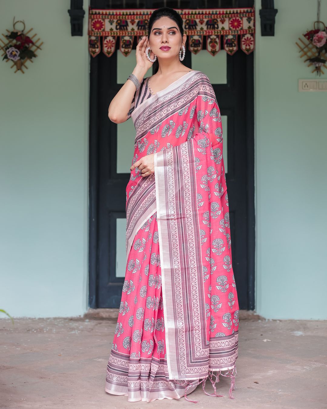 Pink Floral Linen Cotton Saree with Paisley Border Print