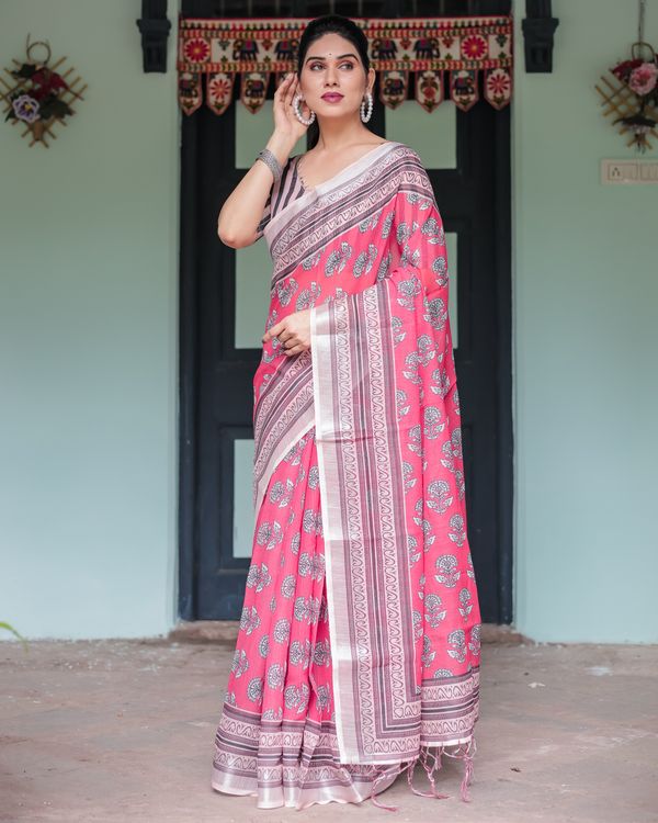 Pink Floral Linen Cotton Saree with Paisley Border Print