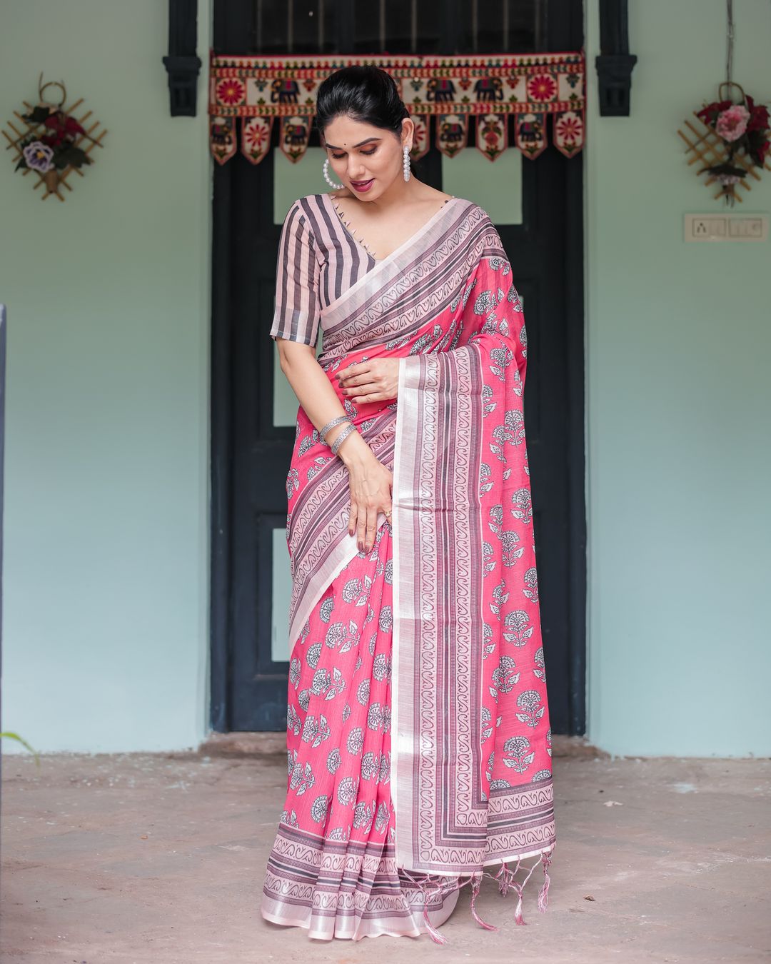 Pink Floral Linen Cotton Saree with Paisley Border Print