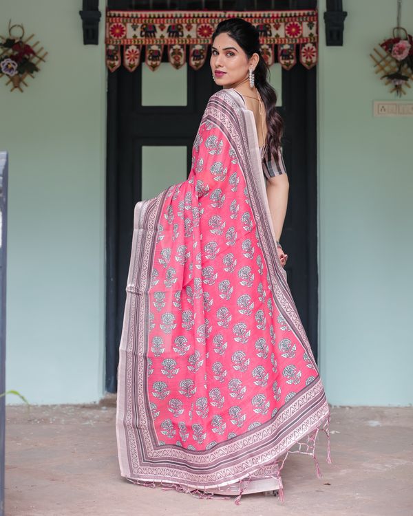Pink Floral Linen Cotton Saree with Paisley Border Print
