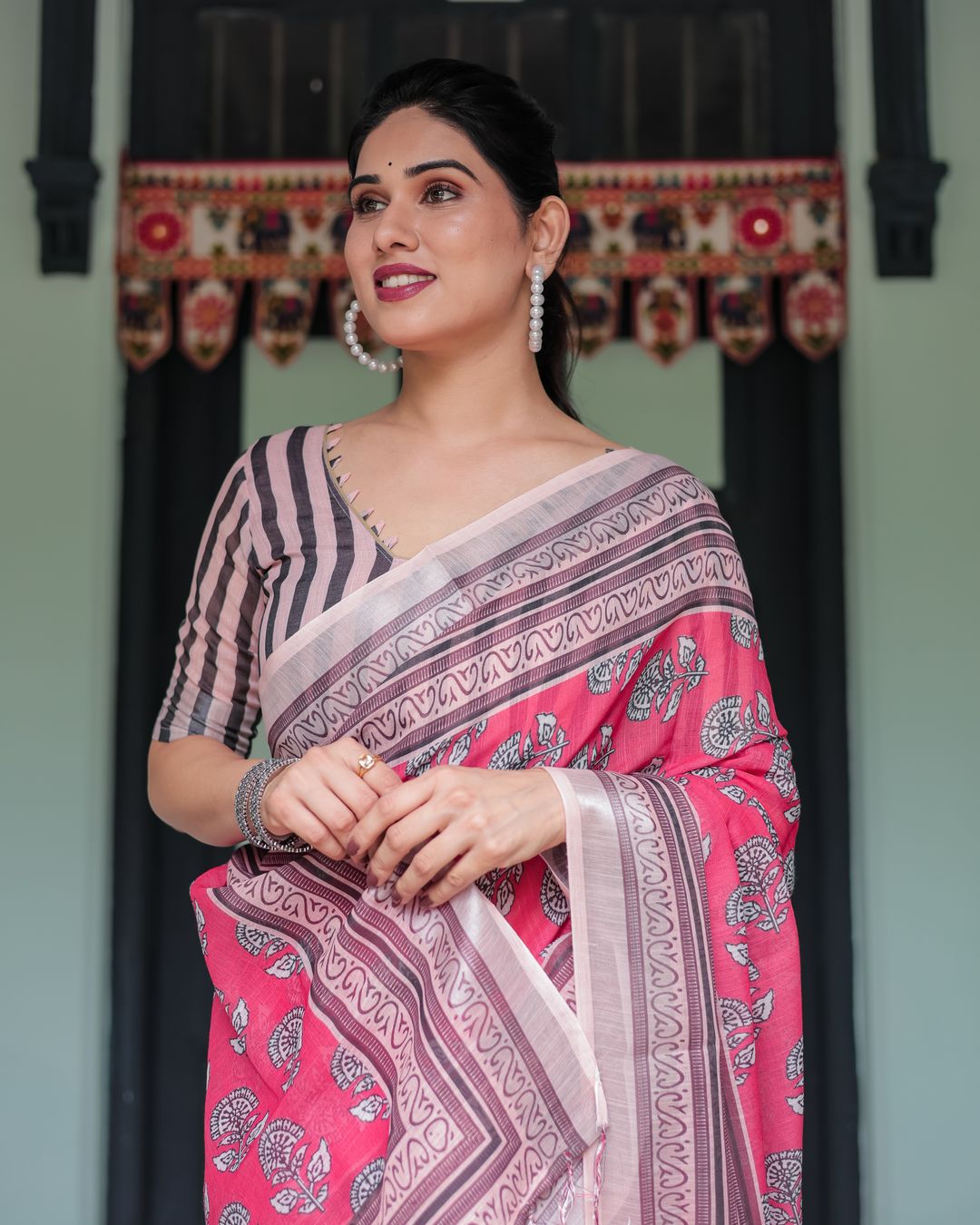 Pink Floral Linen Cotton Saree with Paisley Border Print