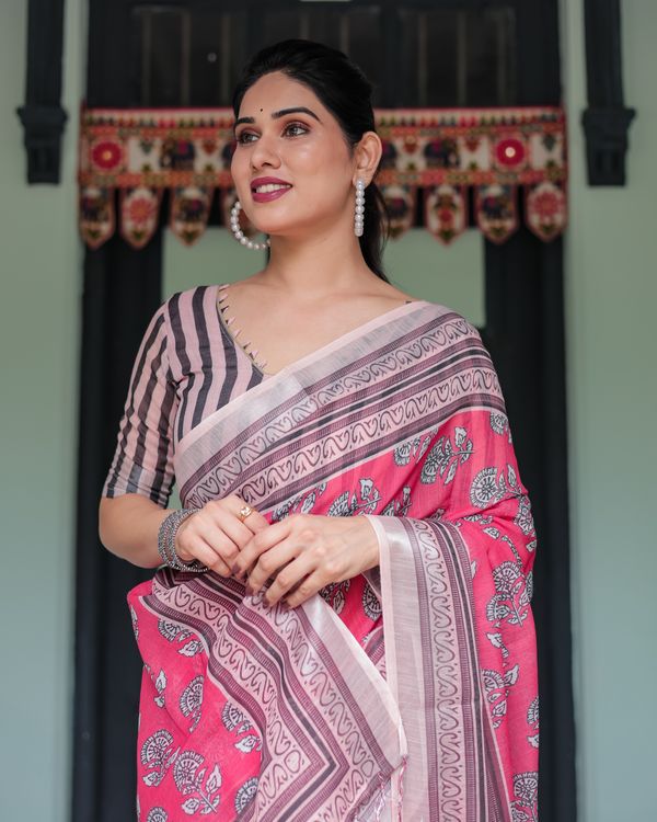Pink Floral Linen Cotton Saree with Paisley Border Print