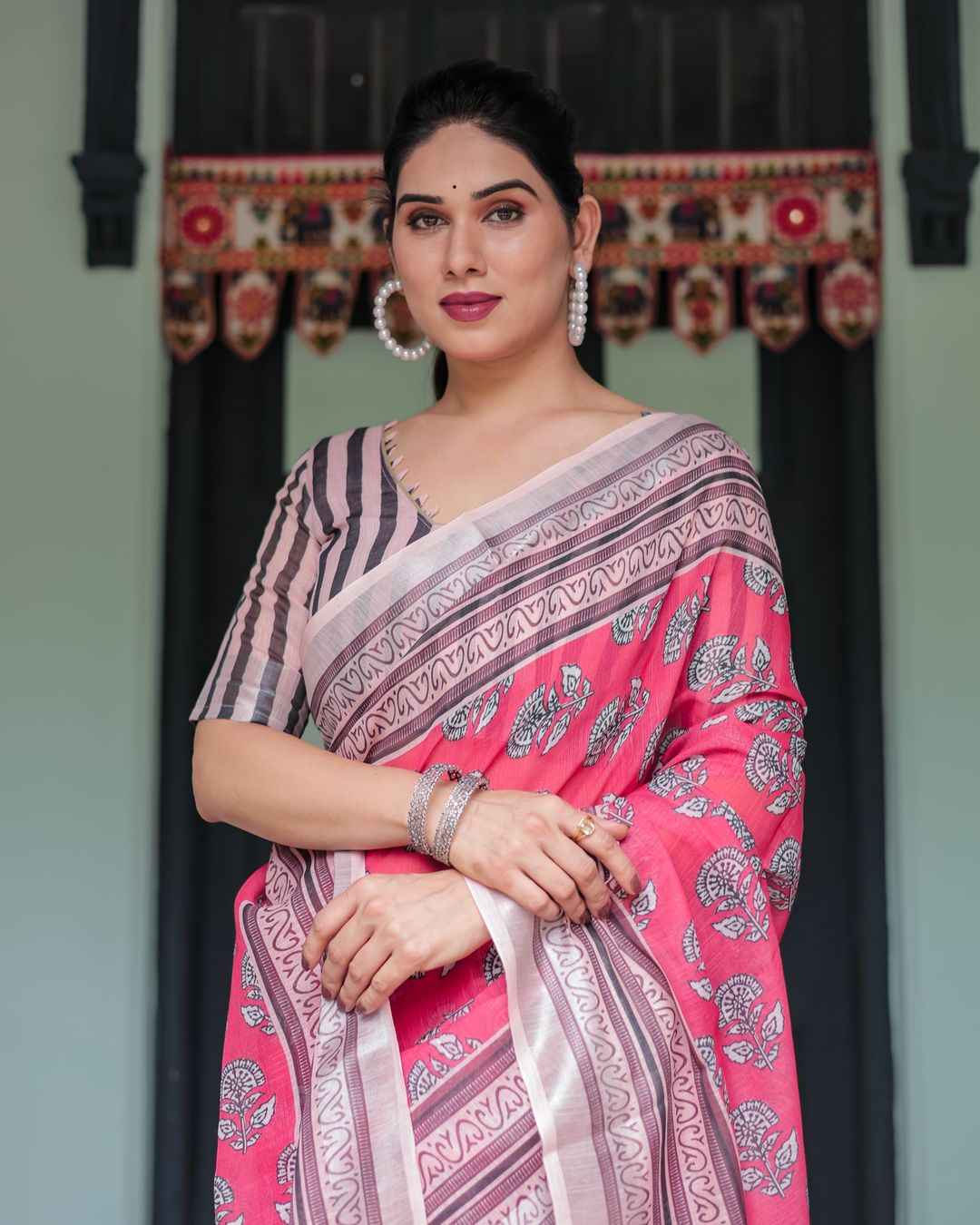 Pink Floral Linen Cotton Saree with Paisley Border Print