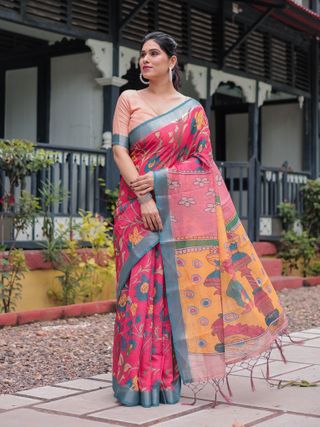 Coral Pink Linen Cotton Saree with Teal Edge & Tassel Pallu