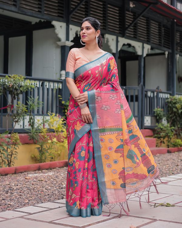 Coral Pink Linen Cotton Saree with Teal Edge & Tassel Pallu